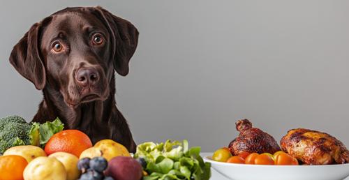 Vegan Pet Food - Chocolate labrador sitting next to a plate of fresh fruits and vegetables on the left side and a piece of roasted chicken in a white bowl on the right side