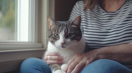 What Can I Give My Cat for Pain - a woman petting a cat on her lap at home