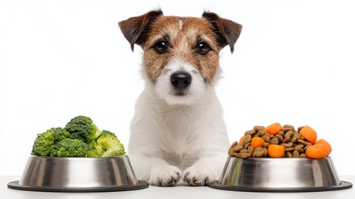Why a Vegan Diet May Fall Short for Dogs - Cute dog sitting between two bowls of food one with green vegetables and the other filled with dry pet food