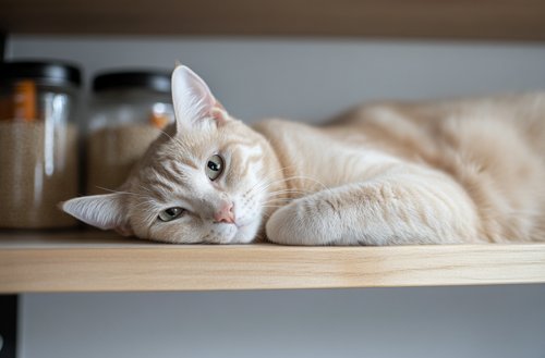 bored cat - cat lying on the kitchen shelf