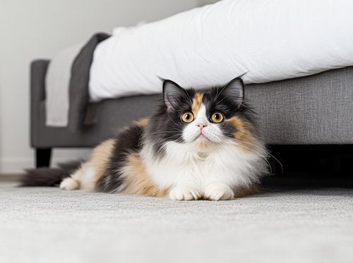 cat breeds prone to cancer - A Persian cat is lying on the floor under an open bed in a bedroom