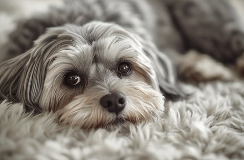 dog cough remedies - an old dog with gray fur lying on a furry carpet