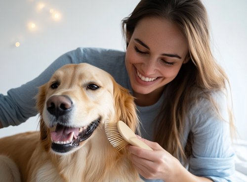 dog dandruff - a woman smiling and petting the head of a golden retriever dog