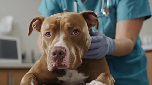 dog skin cancer - pit bull dog is being examined by the veterinarian at an animal hospital
