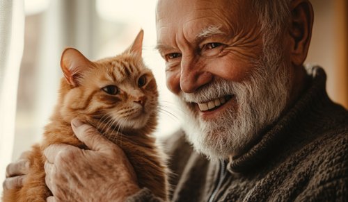 ear mites in cats - elderly man smiles while petting his cat
