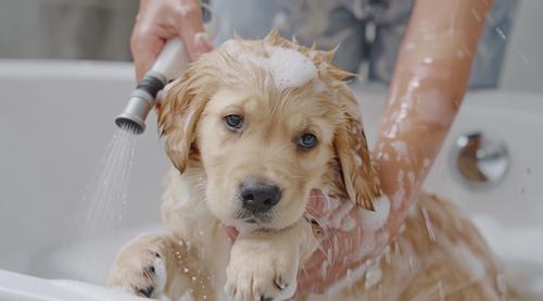 Home Remedies for Dog Itching and Hair Loss - golden retriever puppy being bathed in white bathtub