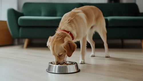 history of dog food - dog is eating dog food from a bowl