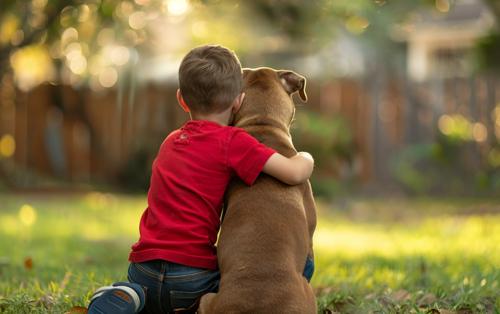 Best Guard Dogs - little boy hugs his large brown pitbull dog