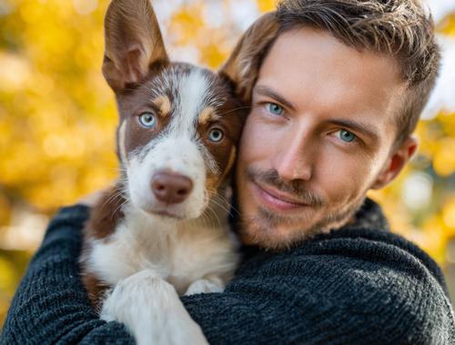How to Choose the Best Dog Trainer for Your Pet - man hugging his white and brown mixed-breed dog in a park setting during autumn