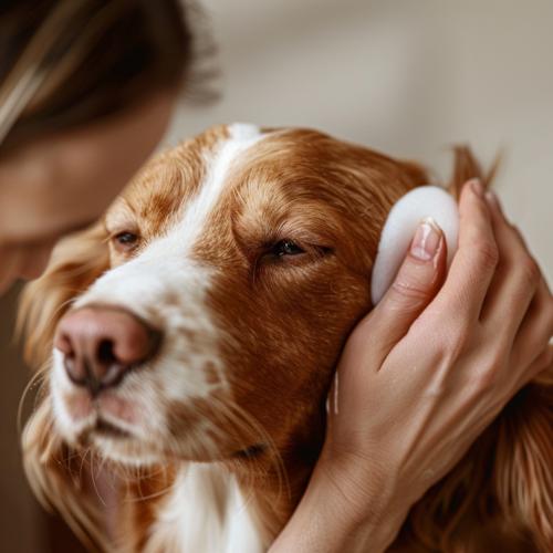 Dog Ear Infection - person gently cleaning the ear of their dog with cotton pads