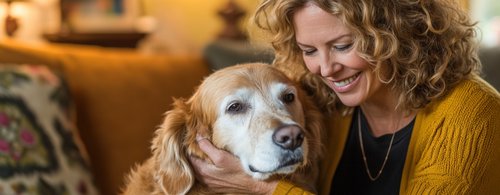senior golden retriever - woman is holding the head of an old golden retriever dog