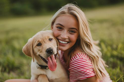 New Puppy Checklist - woman in a red and white striped shirt holding her cute Labrador puppy